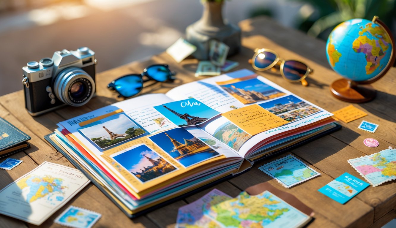 An open travel scrapbook on a wooden table surrounded by travel items like a camera, sunglasses, a globe, passport, and postage stamps.