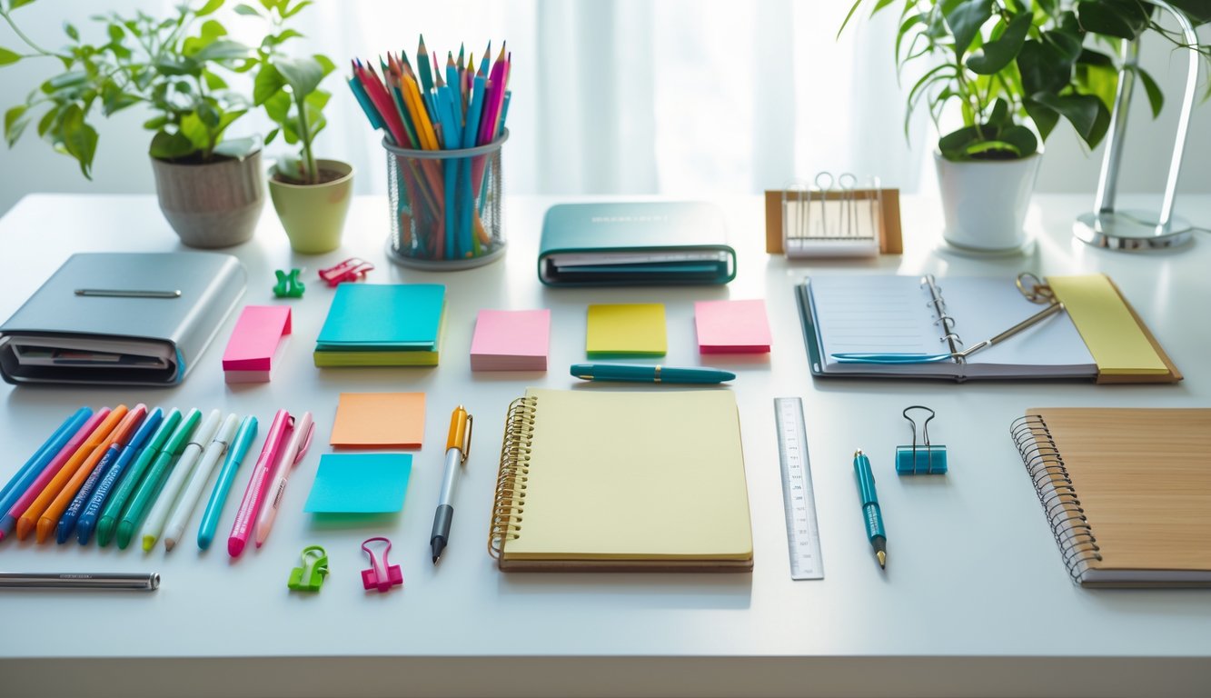A neatly arranged collection of various stationery items on a white desk.