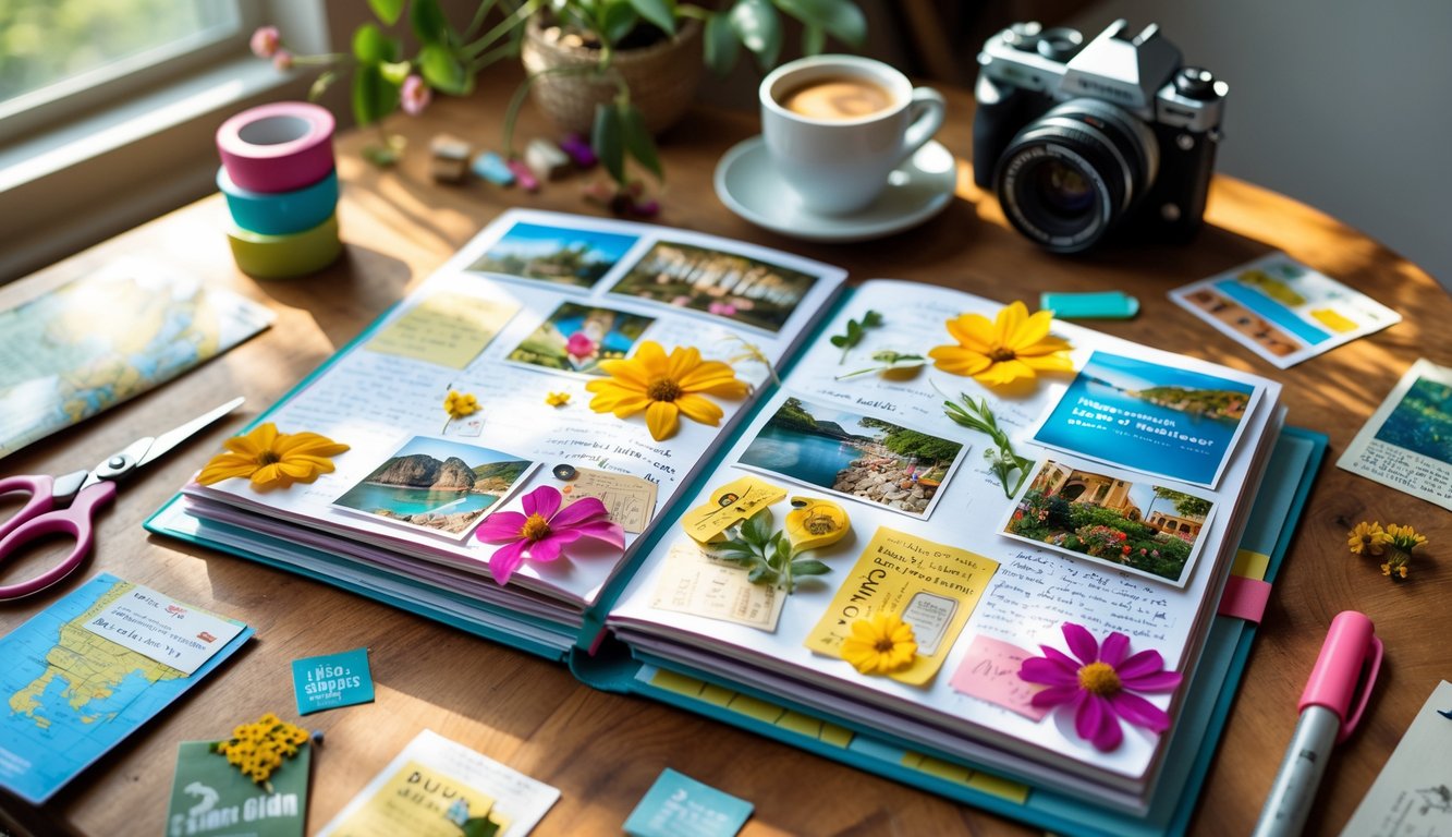 An open travel scrapbook on a wooden table filled with photos, notes, ticket stubs, and craft supplies like pens and tape, with a cup of coffee and a camera nearby.
