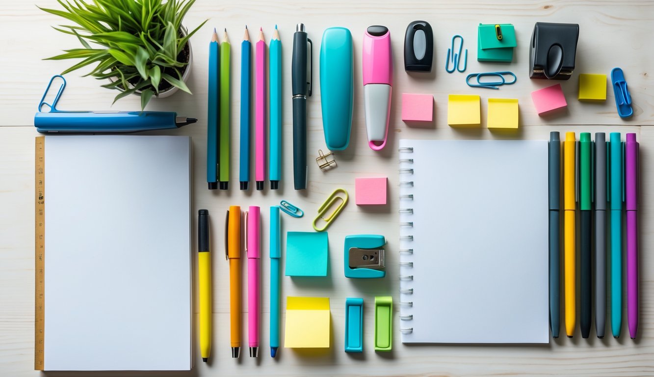 A collection of essential stationery items including pens, pencils, markers, ruler, erasers, paper clips, sticky notes, sharpener, stapler, and a notebook arranged on a wooden desk.