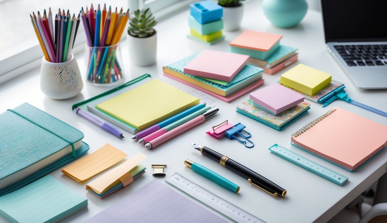 A neatly arranged collection of colorful stationery items including pens, pencils, notebooks, sticky notes, and paper clips on a white desk.