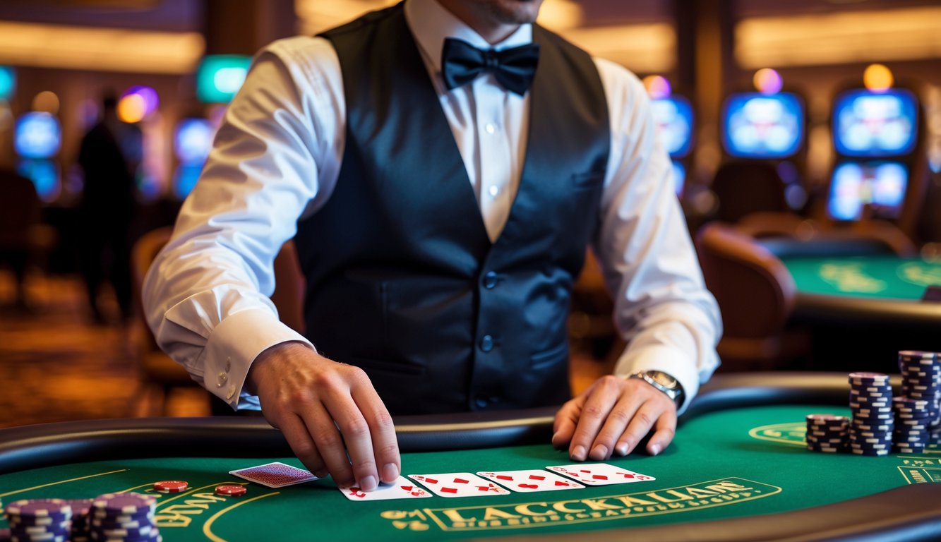 Seorang dealer blackjack sedang membagikan kartu di meja kasino dengan tumpukan chip dan suasana kasino di latar belakang.