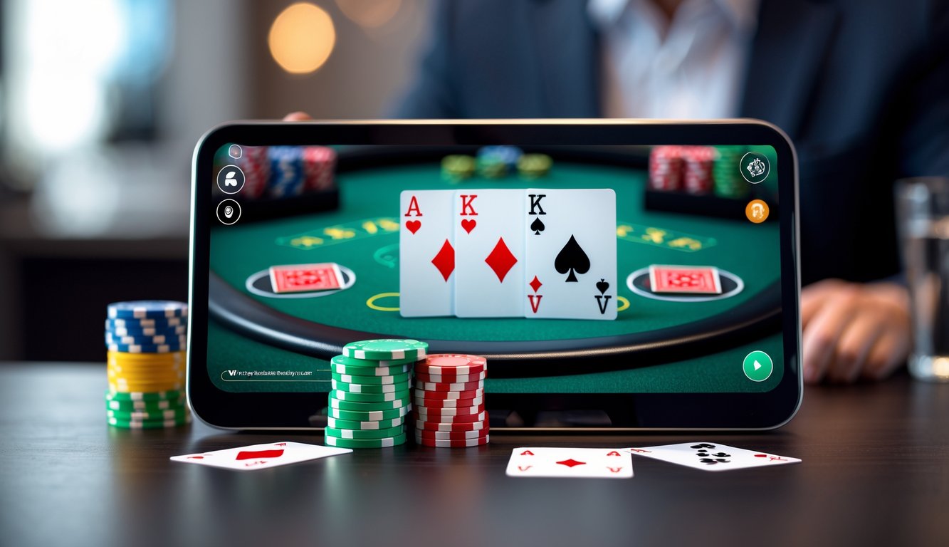 Tampilan meja blackjack online dengan kartu virtual dan tumpukan chip digital.