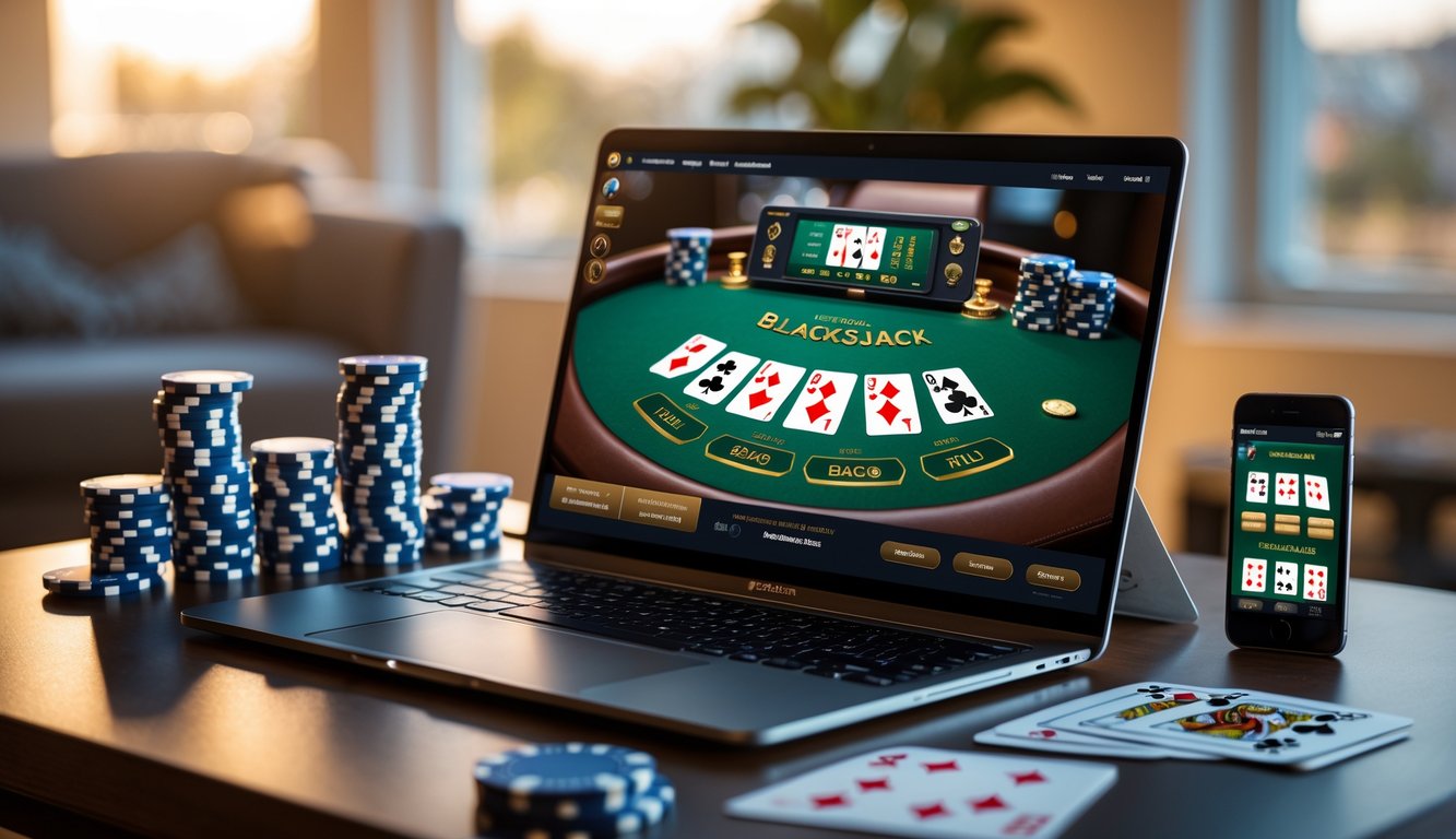 Seorang pria sedang bermain blackjack online di laptop dengan chip dan kartu di meja di ruangan yang nyaman.