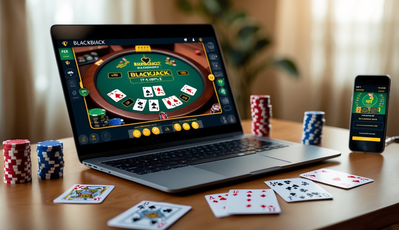 Sebuah laptop di atas meja kayu menampilkan permainan blackjack online dengan kartu dan chip, dikelilingi oleh chip poker dan ponsel yang juga menampilkan permainan blackjack.