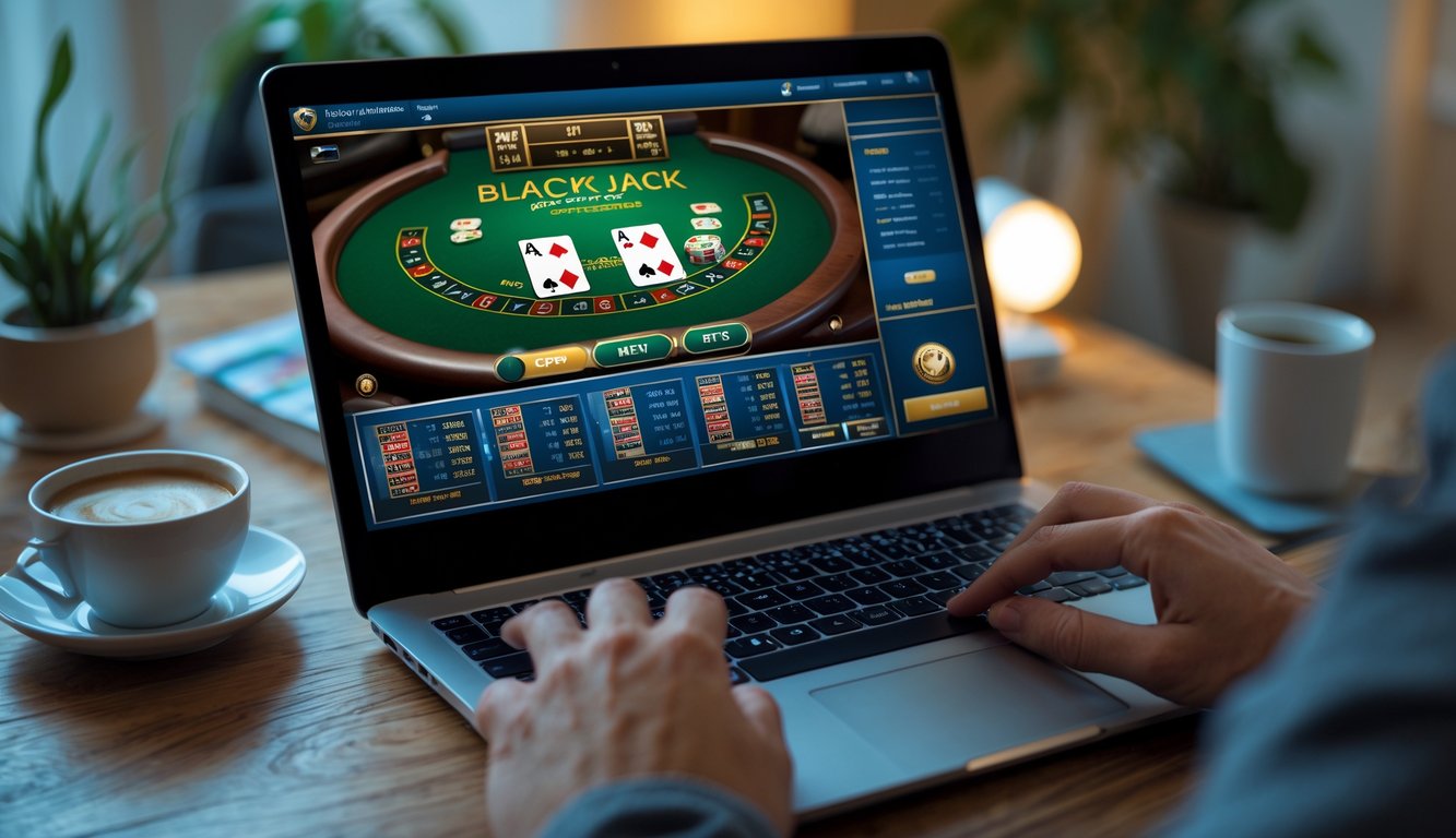 Seseorang bermain blackjack online di laptop di dalam ruangan yang nyaman dengan pencahayaan hangat.