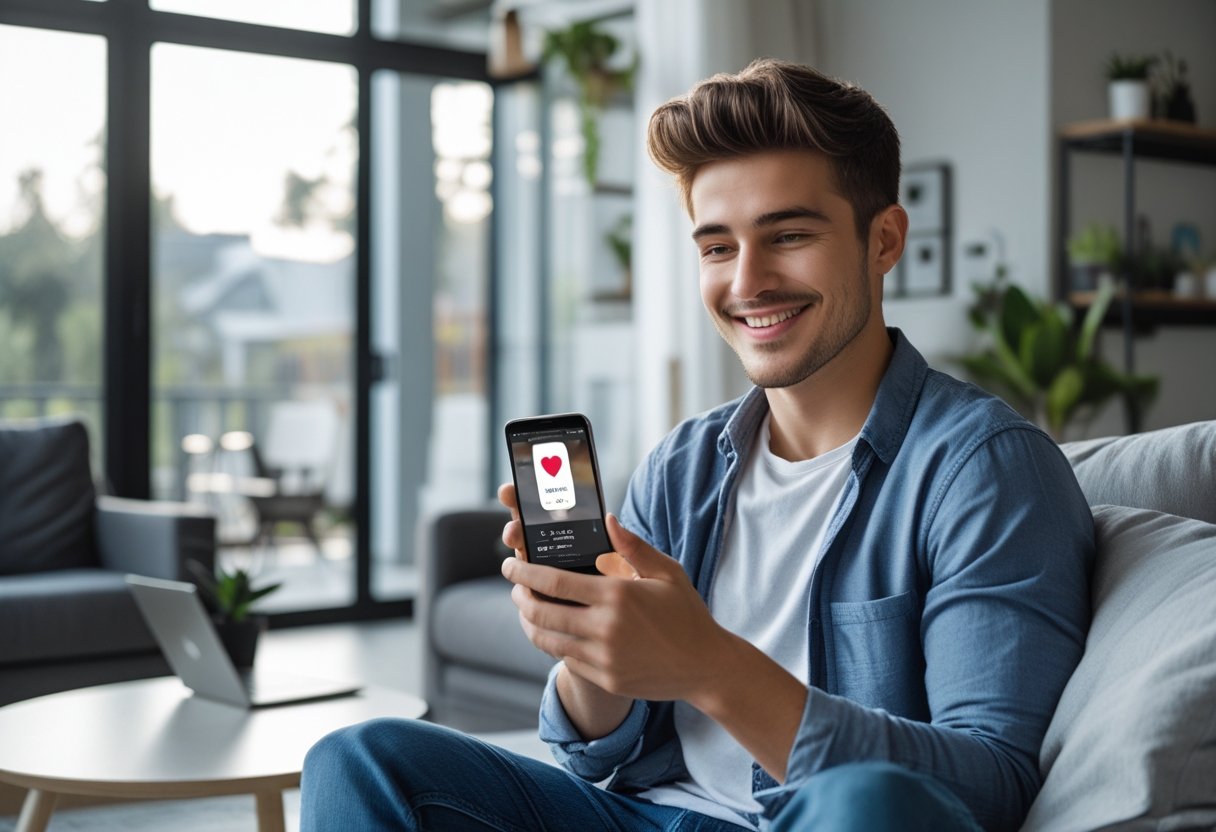 Young man sitting in a modern living room using a mobile phone with a dating app on the screen.