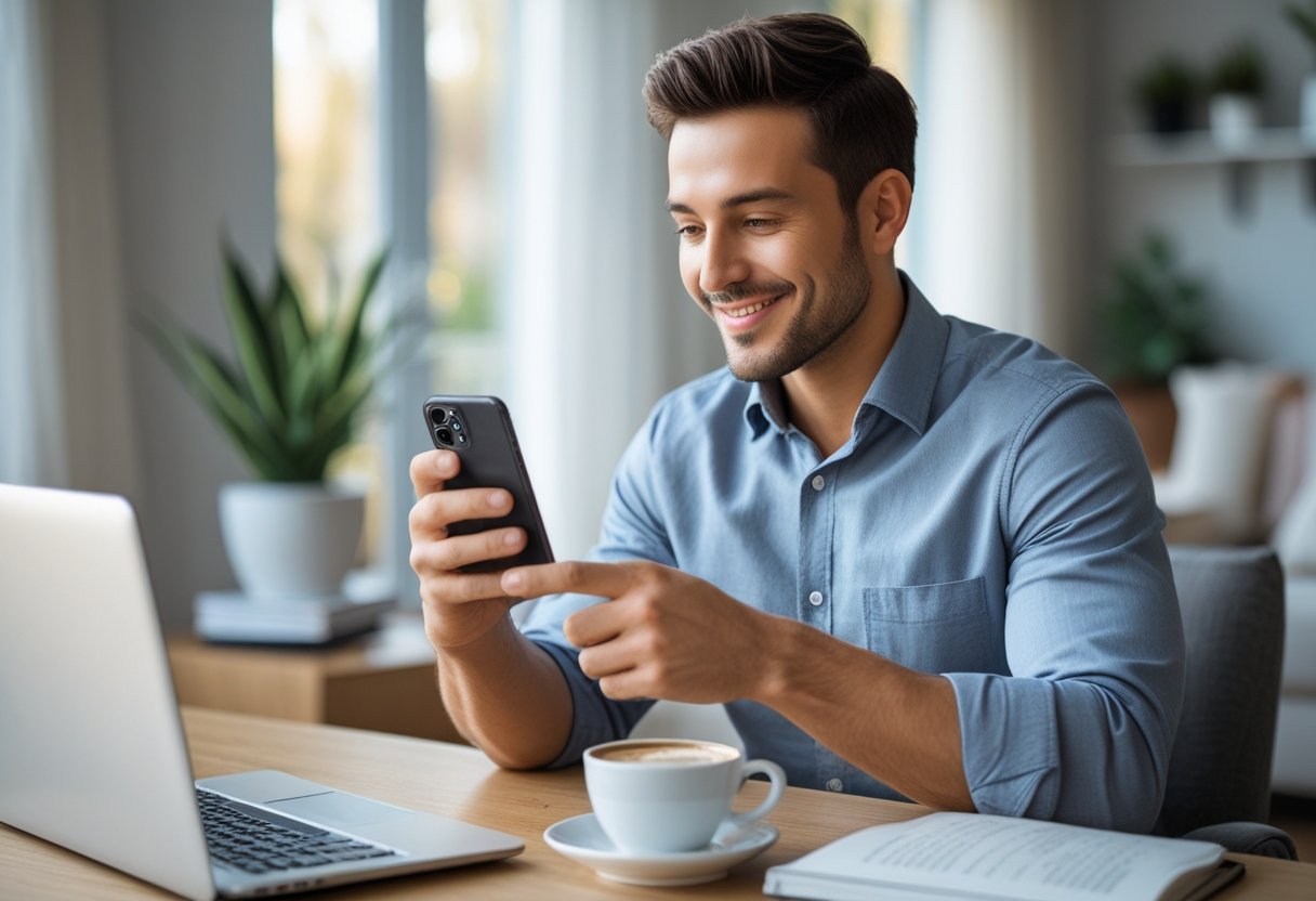 Hombre usando un teléfono móvil en un escritorio moderno, sonriendo mientras usa una aplicación de citas.
