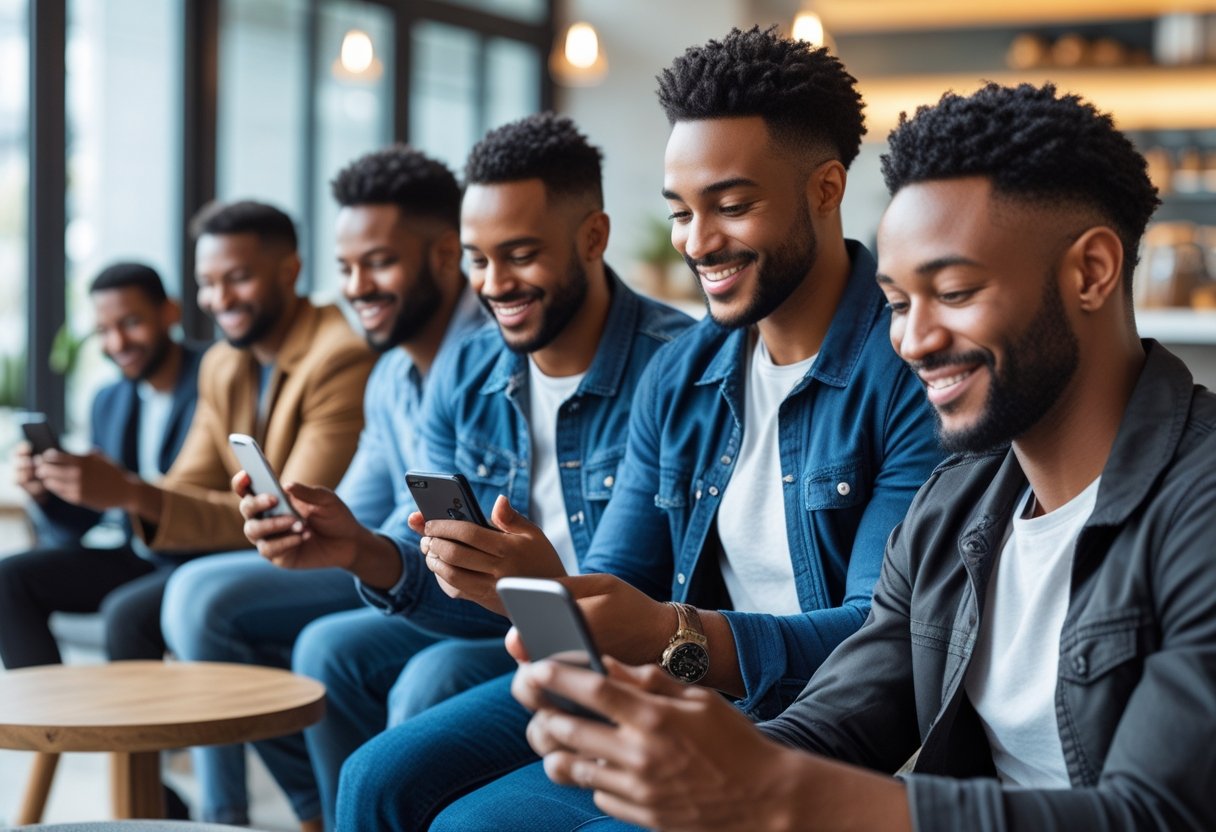 Men using mobile phones in a modern, bright setting, showing interest and confidence.