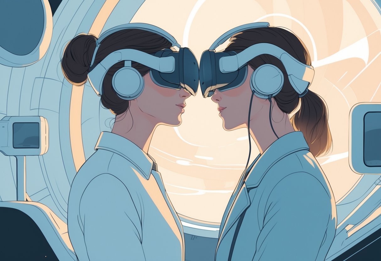 Two people sharing an intimate moment while wearing virtual reality headsets in a softly lit digital environment.