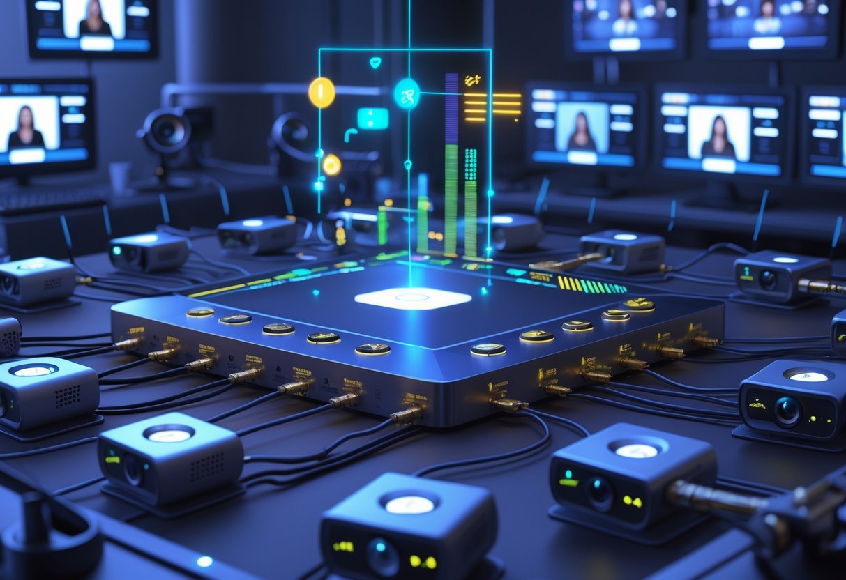 A live streaming setup with 10 webcams connected to a central control panel displaying multiple video feeds in a modern studio environment.