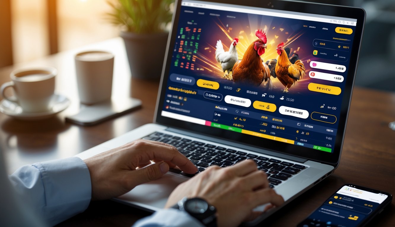 Seseorang menggunakan laptop dan ponsel untuk memasang taruhan sabung ayam secara online di meja kerja.