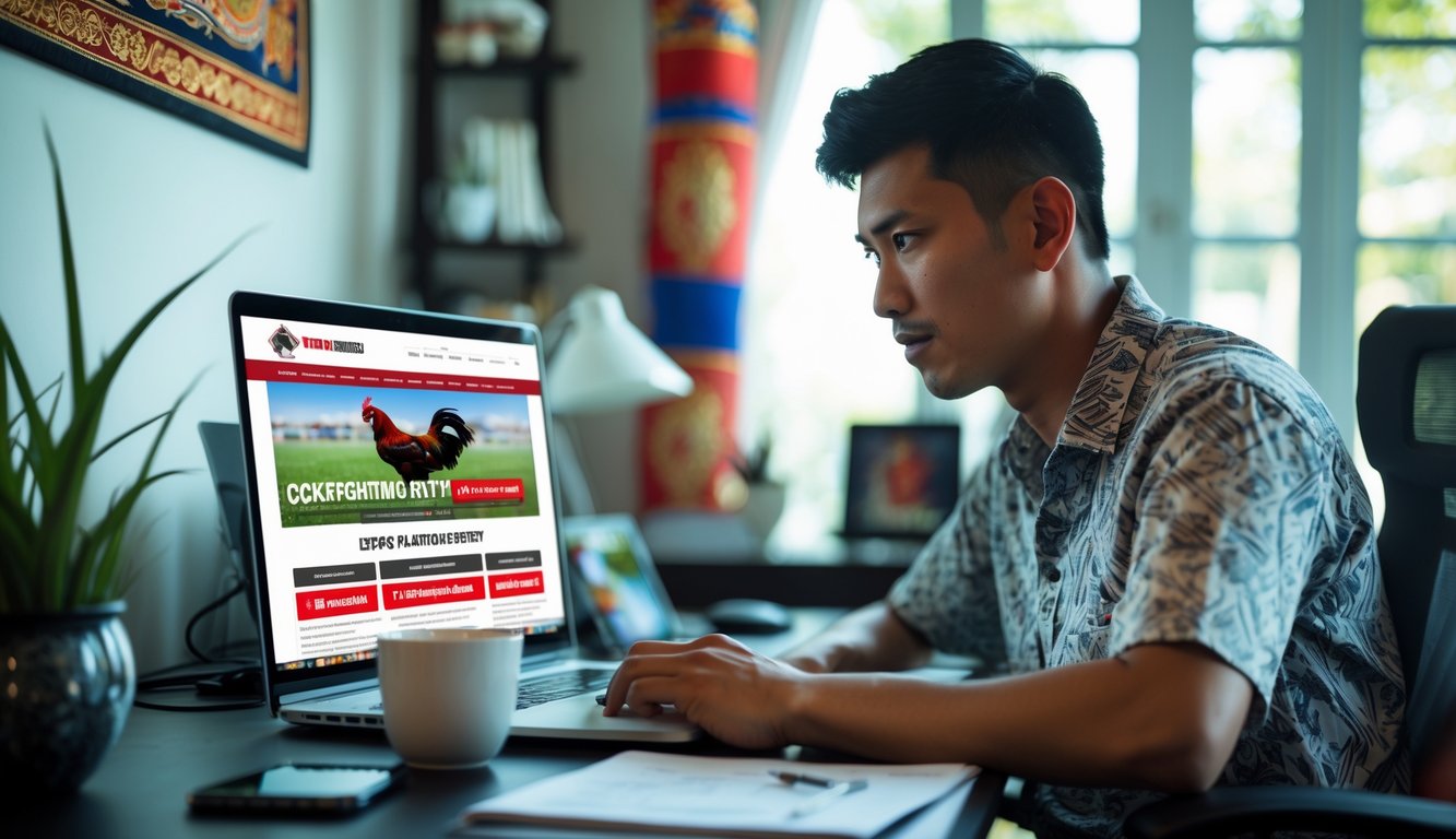 Seorang pria Indonesia duduk di meja kerja dengan laptop, fokus pada aktivitas agen sabung ayam online di ruangan yang terang dan rapi.