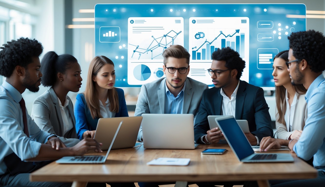 Sekelompok profesional muda sedang berdiskusi di ruang kantor modern dengan perangkat digital di meja.