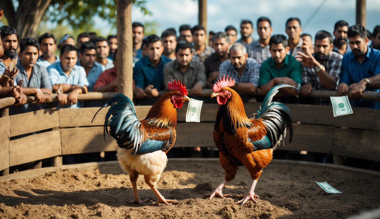 Dua ayam jago sedang bertarung di arena terbuka dengan sekelompok orang menonton dan memegang uang.