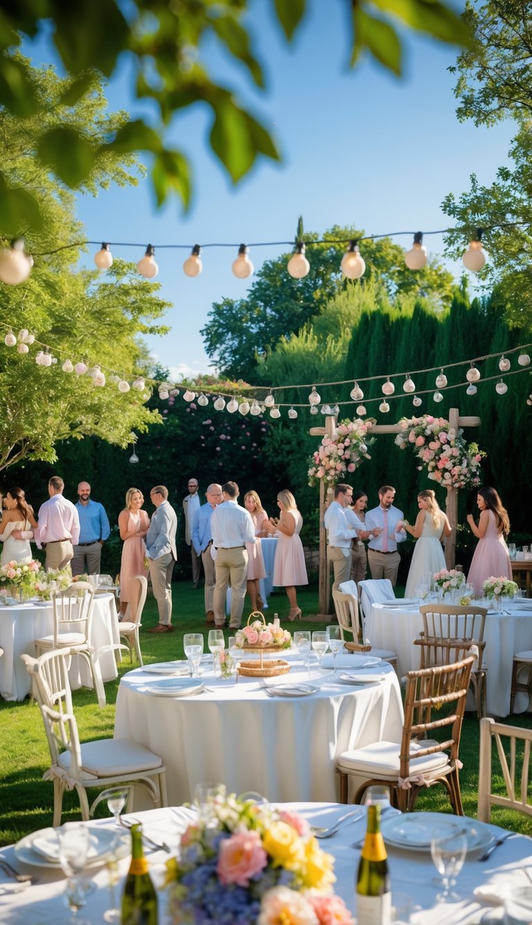 Guests celebrating at a decorated outdoor garden wedding party with tables, flowers, and string lights under a clear sky.