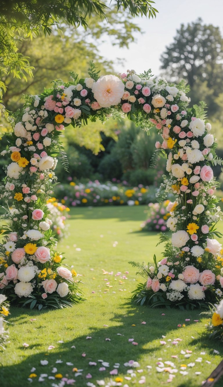 A floral wedding arch decorated with colorful seasonal flowers in a sunny garden setting.