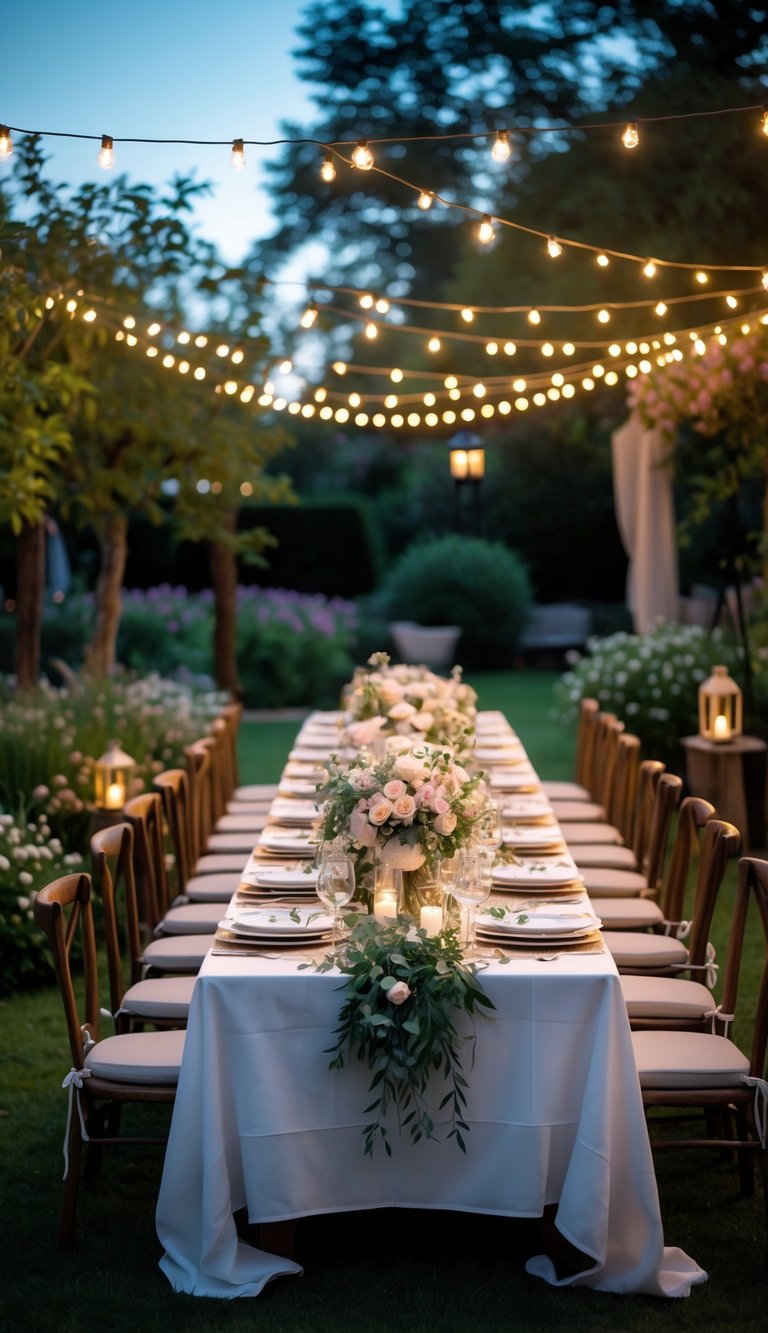 Outdoor dining table decorated with flowers and tableware under string fairy lights in a garden at dusk.
