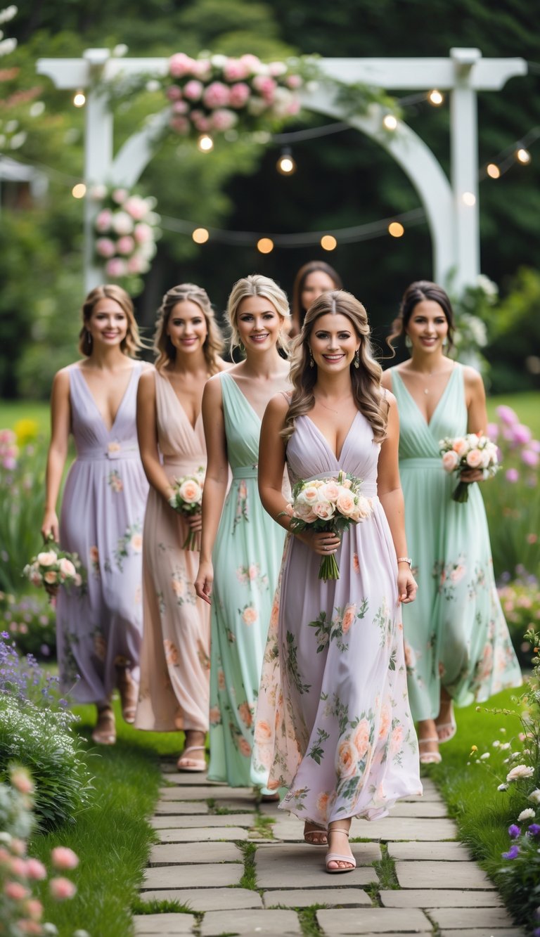 A group of women in pastel floral maxi dresses standing in a garden during a summer wedding celebration.