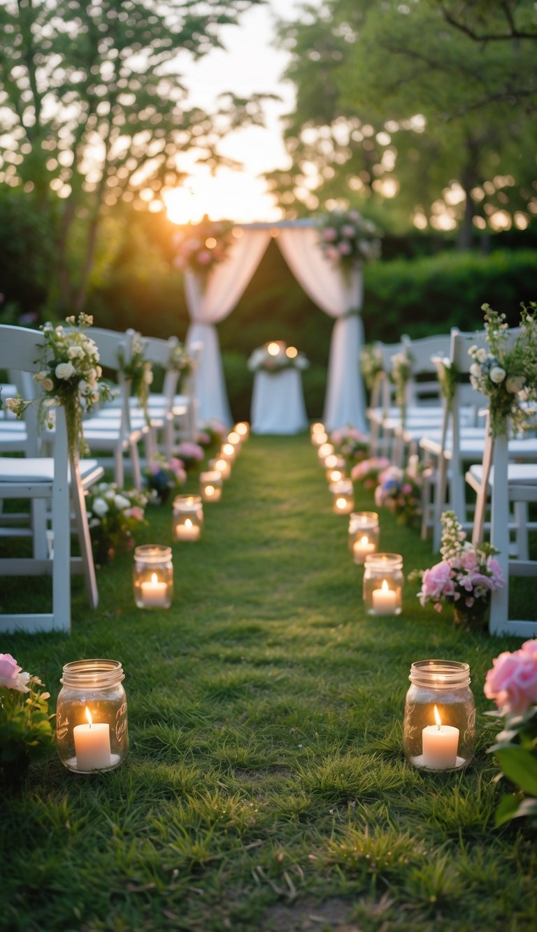 An outdoor garden aisle lined with mason jars holding lit candles, surrounded by green grass and flowers, with white chairs arranged for a wedding.