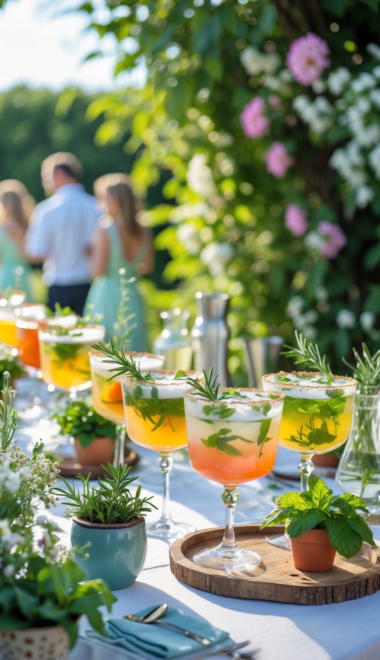 Outdoor summer garden wedding table with colorful herb-garnished cocktails and fresh flowers.