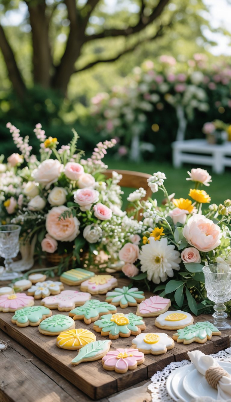 A table in a garden set with hand-painted summer-themed cookies and floral decorations for a wedding party.