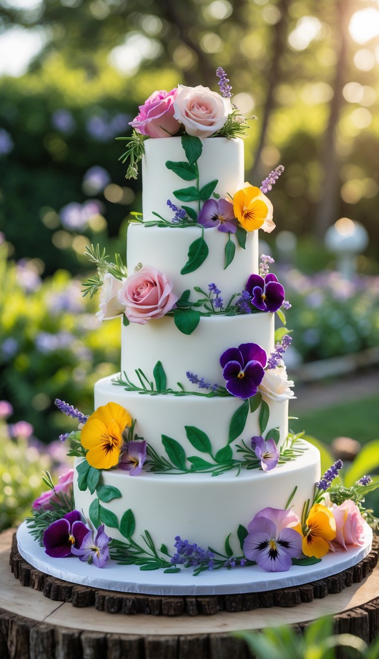 A multi-tiered wedding cake decorated with colorful edible flowers set outdoors in a garden surrounded by greenery.
