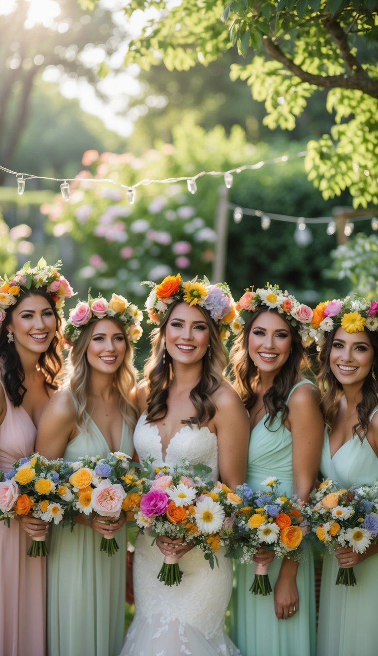A bride and bridesmaids wearing flower crowns standing together in a sunny garden during a wedding celebration.