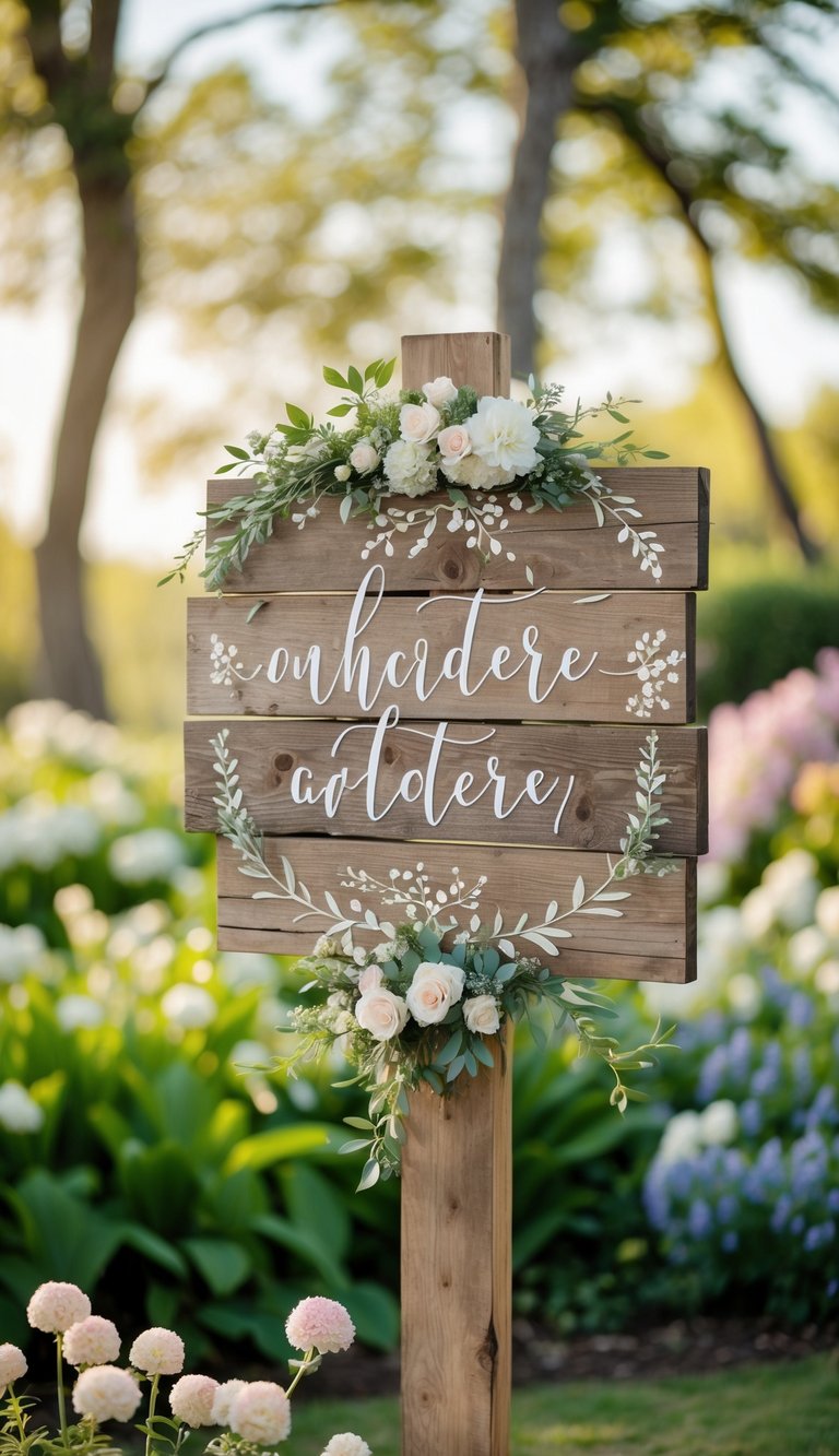 A rustic wooden sign decorated with floral accents in a garden with green foliage and flowers in the background.