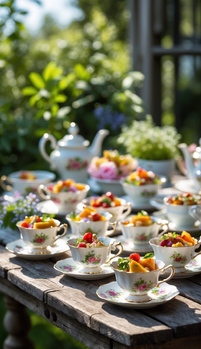 Vintage teacups filled with appetizers arranged on a wooden table outdoors in a garden setting.