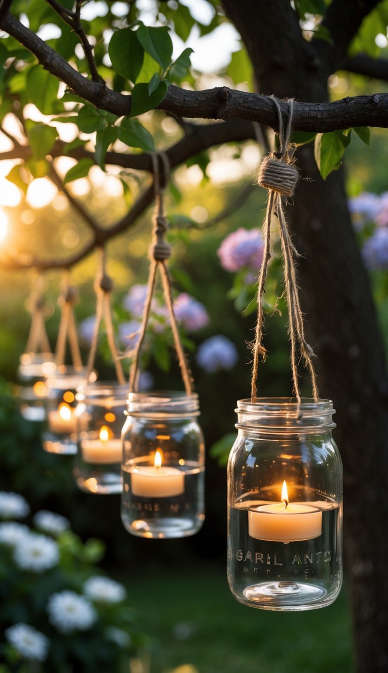 Hanging glass jars with floating candles glowing softly among green trees and flowers in an outdoor garden setting.