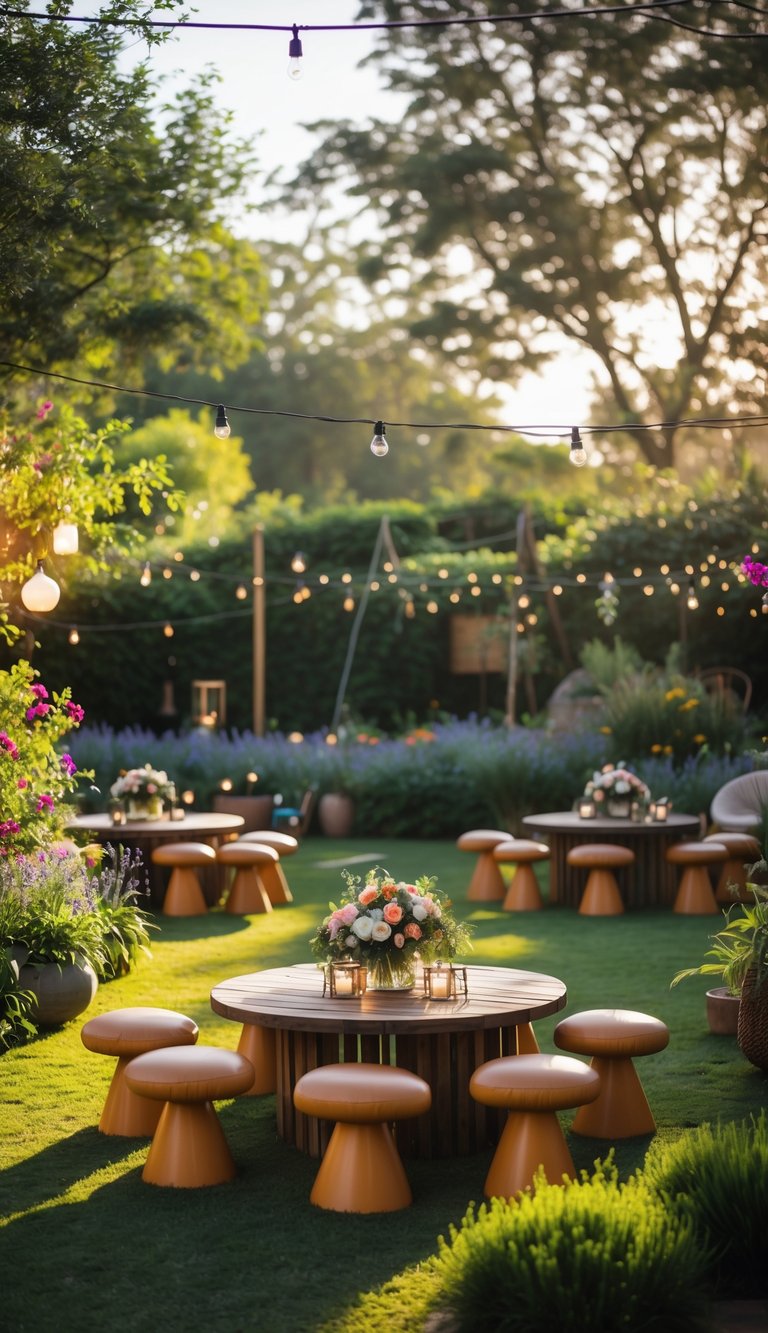 Outdoor garden lounge area with mushroom-shaped stools and wooden tables surrounded by greenery and flowers.