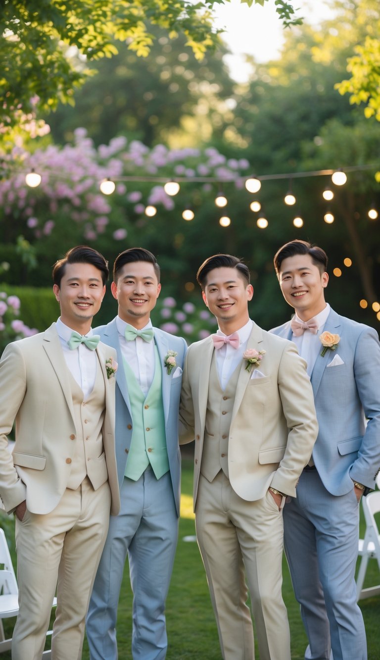 A group of men wearing light suits and pastel bowties standing together in a garden during a summer wedding celebration.