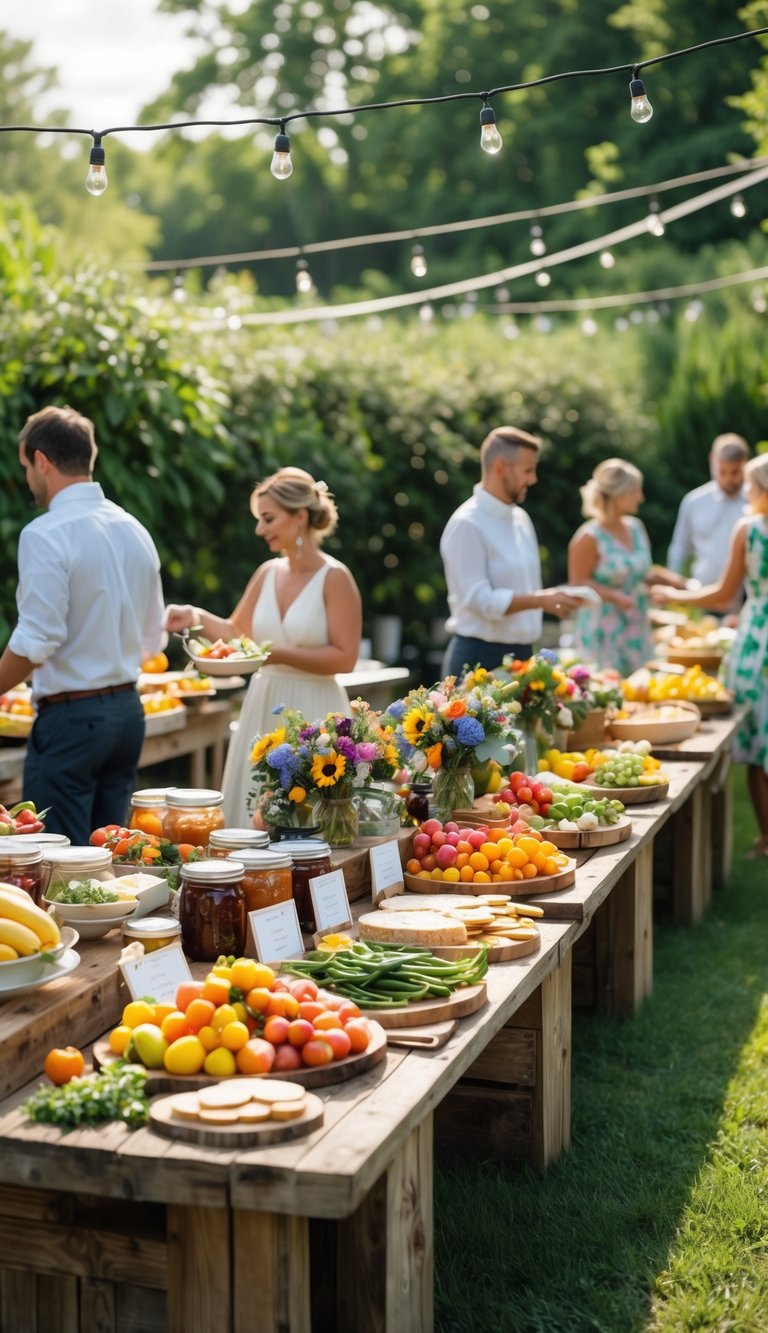 Outdoor summer garden party with rustic food stations featuring fresh fruits, vegetables, breads, and flowers, surrounded by guests enjoying the celebration.
