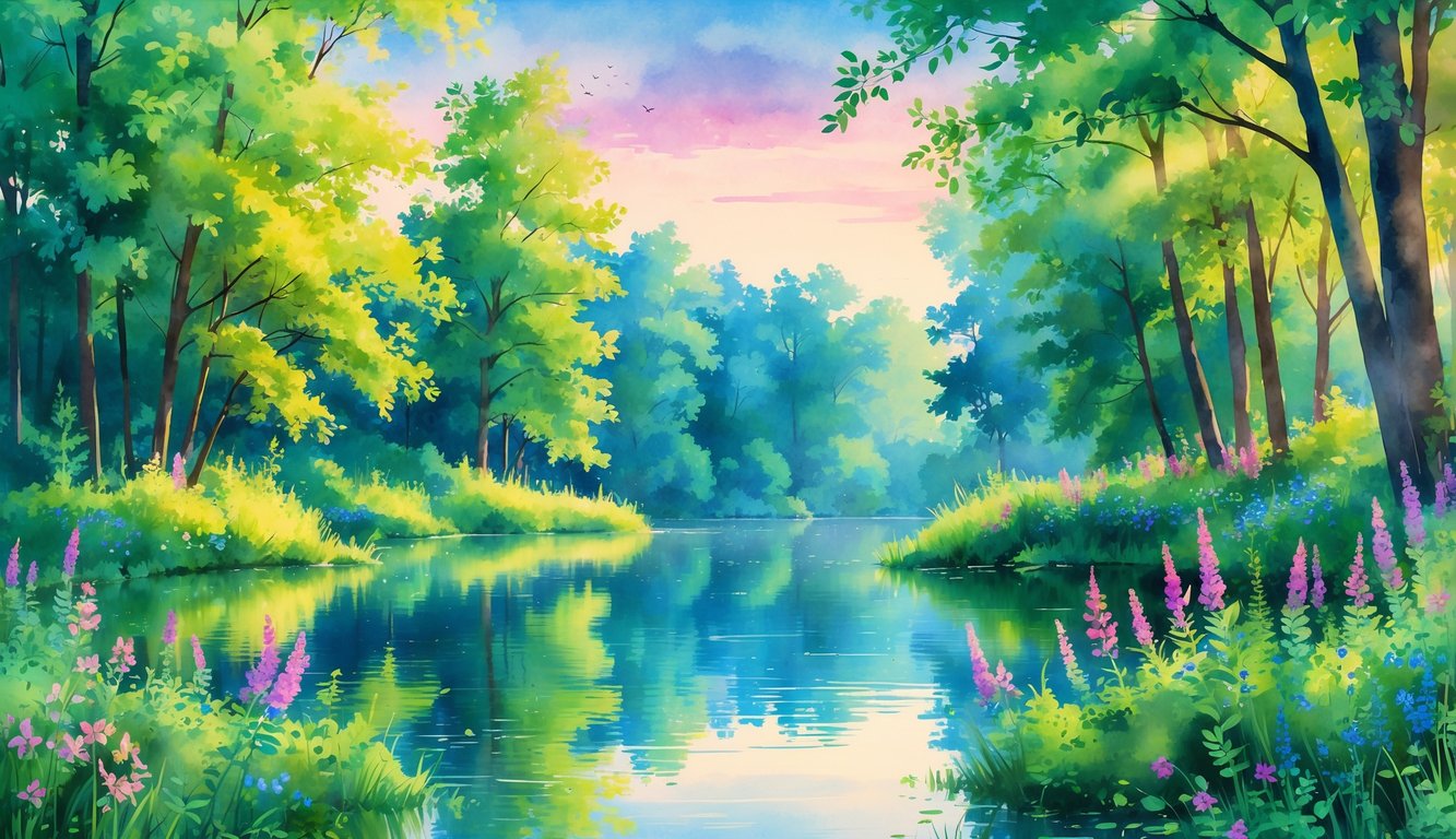 A calm lake surrounded by green trees and colorful wildflowers under a blue and pink sky.