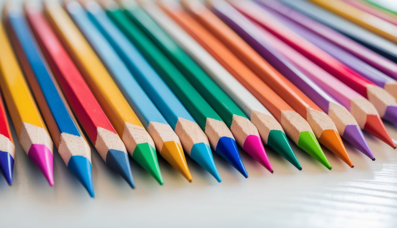 Close-up view of sharpened colorful coloring pencils scattered on a white surface.