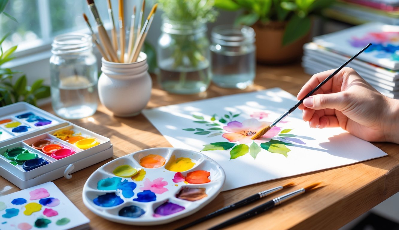 A hand painting a simple floral watercolor on paper with brushes, paints, and water jar on a wooden table near a window.
