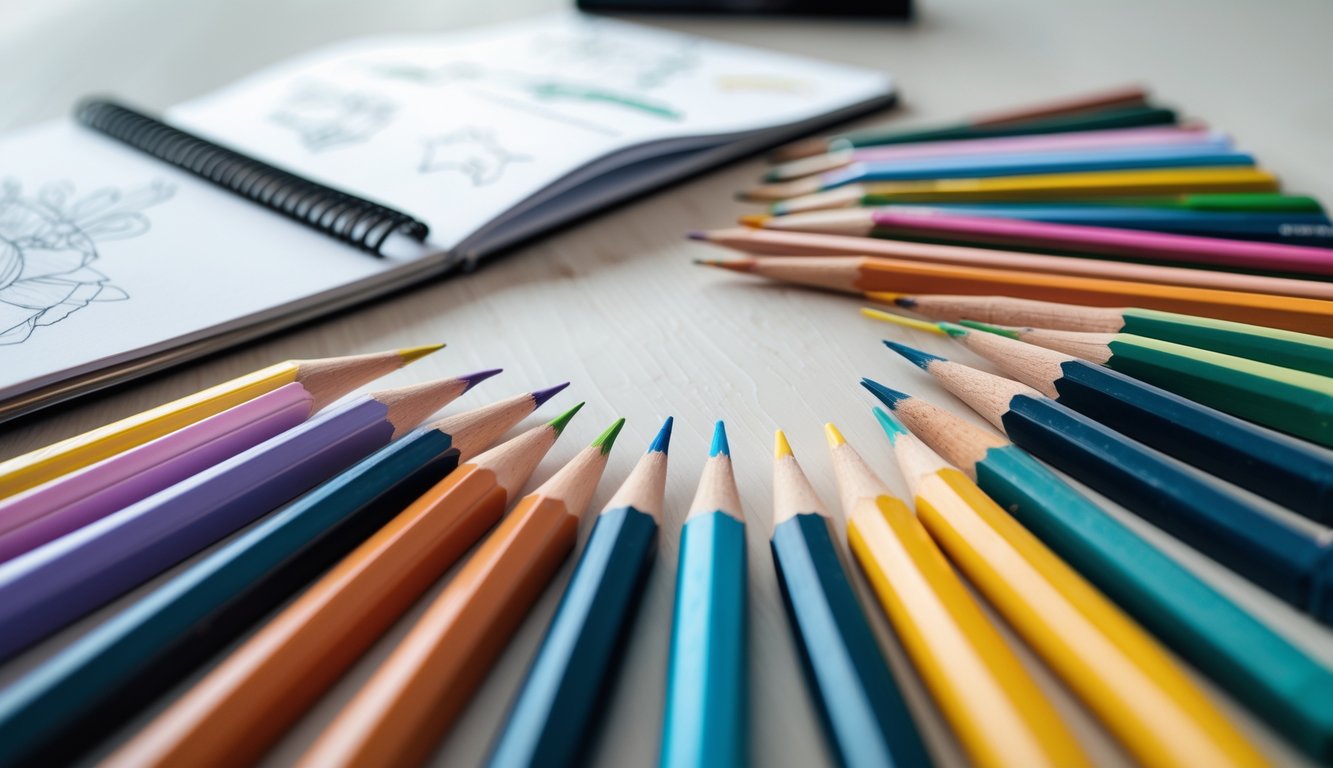 A set of colorful coloring pencils arranged on a wooden surface next to an open sketchbook.