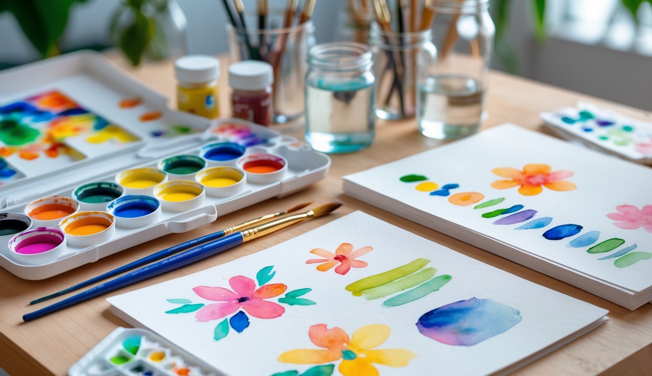 A workspace with watercolor paints, brushes, paper, and simple colorful paintings in progress on a wooden table.