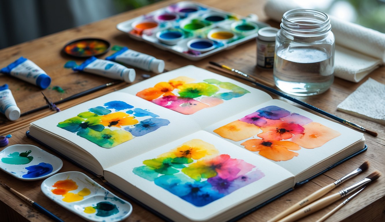 A workspace with watercolor paintings, brushes, paint tubes, and a glass jar of water on a wooden table.