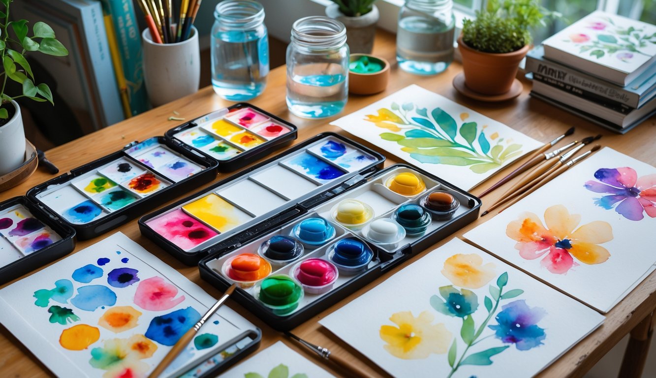 A well-lit artist's workspace with watercolor paints, brushes, paper with colorful paintings, art books, and a small plant on a wooden table.