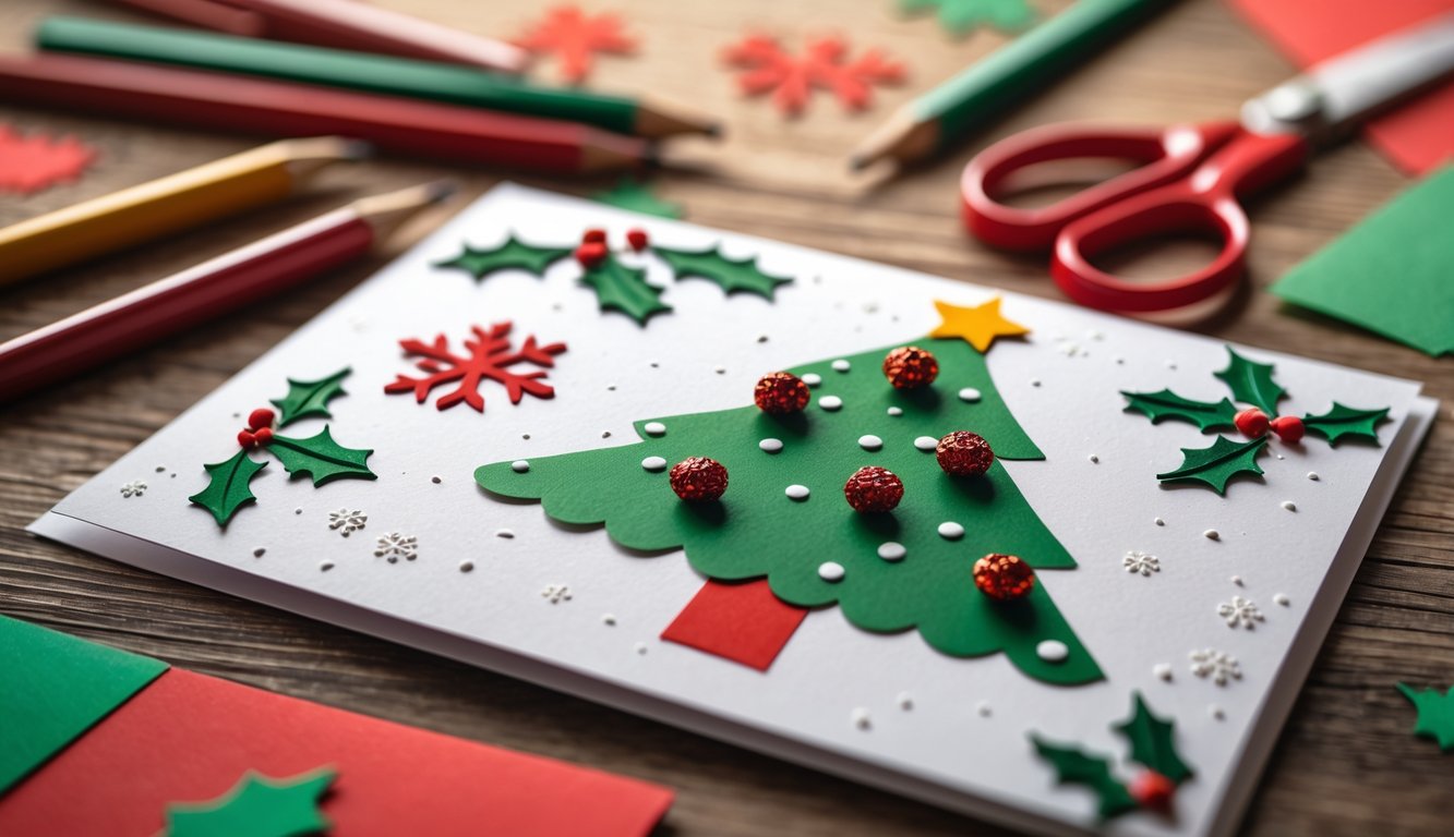 A homemade Christmas card with hand-drawn decorations on a wooden table surrounded by colored pencils and crafting supplies.