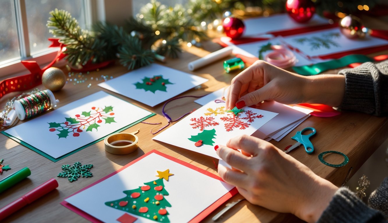 A person making homemade Christmas cards at a table with art supplies and festive decorations.