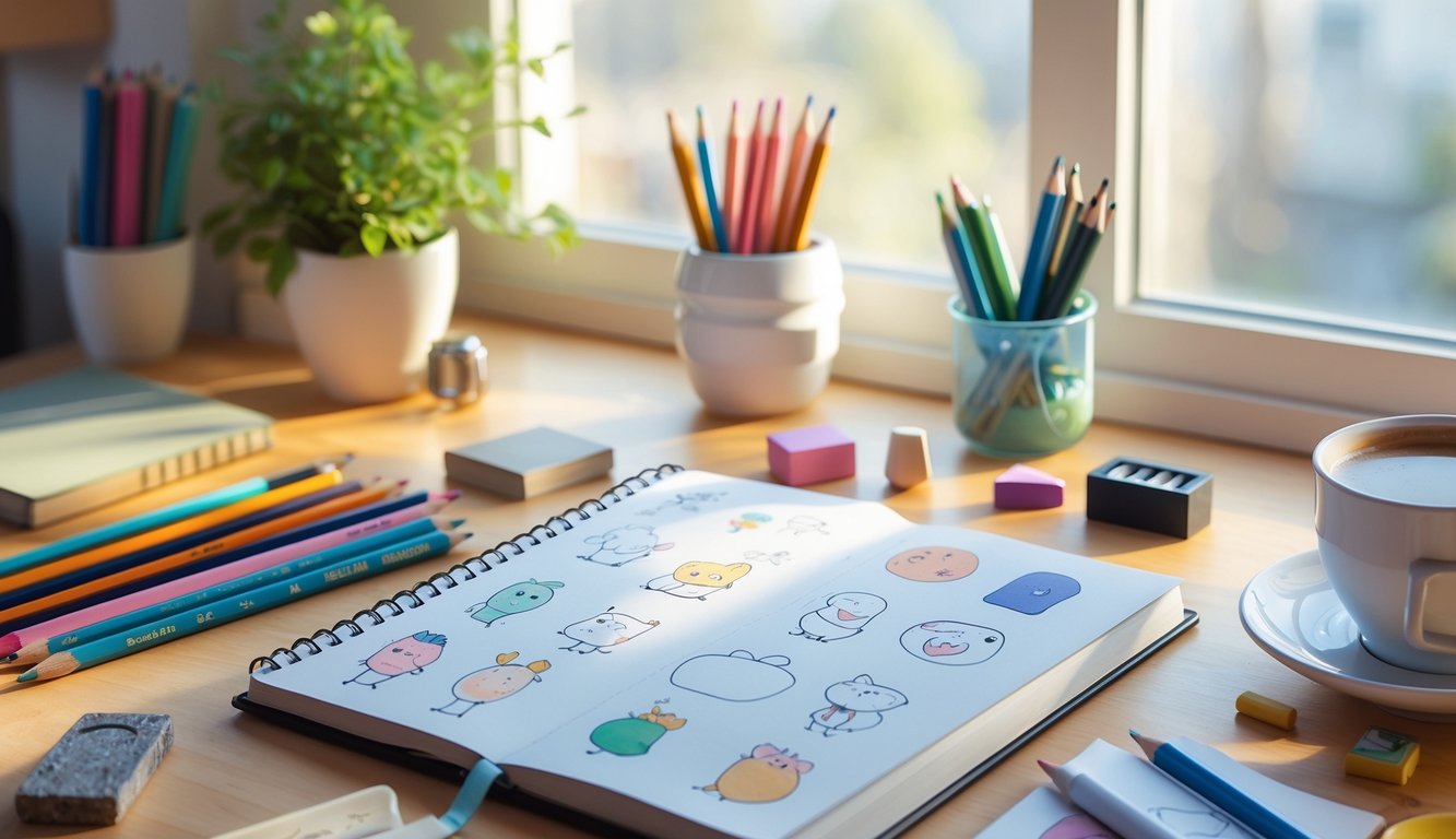 A desk with an open sketchbook showing simple beginner drawings, surrounded by pencils, erasers, and a small plant near a window.