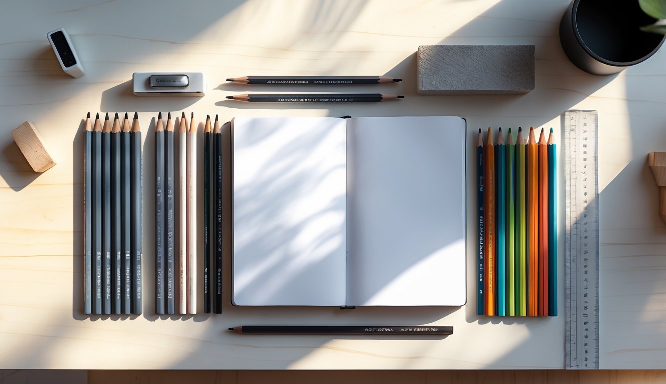 A neatly arranged collection of drawing tools and materials on a wooden desk, including pencils, eraser, sharpener, sketchbook, colored pencils, ruler, and blending stump.