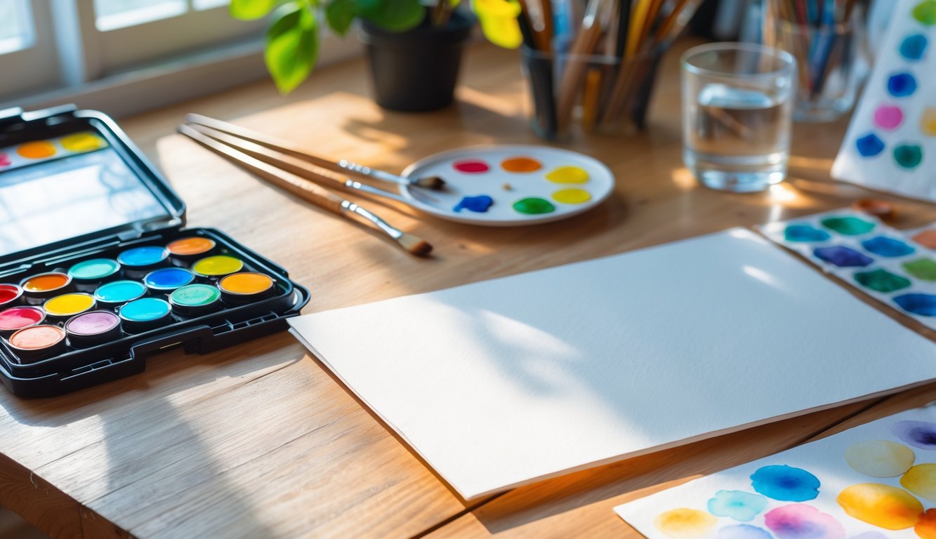 A workspace with watercolor paints, brushes, a cup of water, and blank paper prepared for painting.