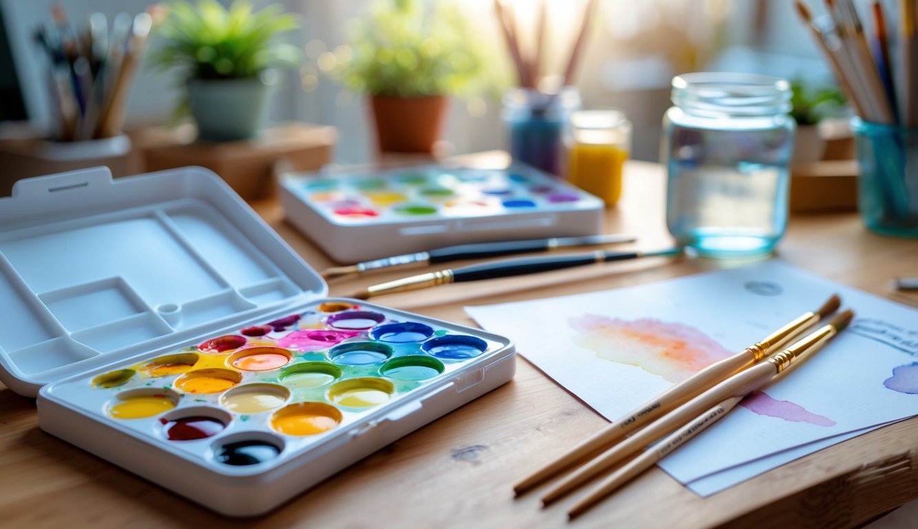 A workspace with watercolor paints, brushes, a jar of water, and a blank sheet of paper on a wooden table.