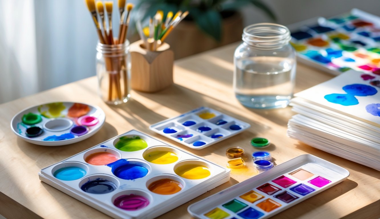 A workspace with watercolor paints, brushes, water jar, and paper arranged on a wooden table.