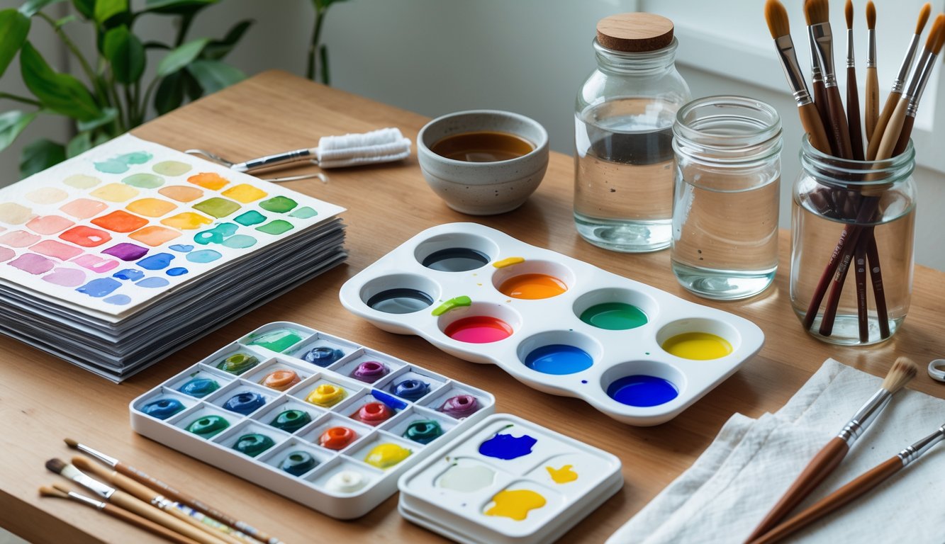 A neatly arranged set of watercolor paints, brushes, water jar, palette, paper sheets, and a towel on a wooden table.