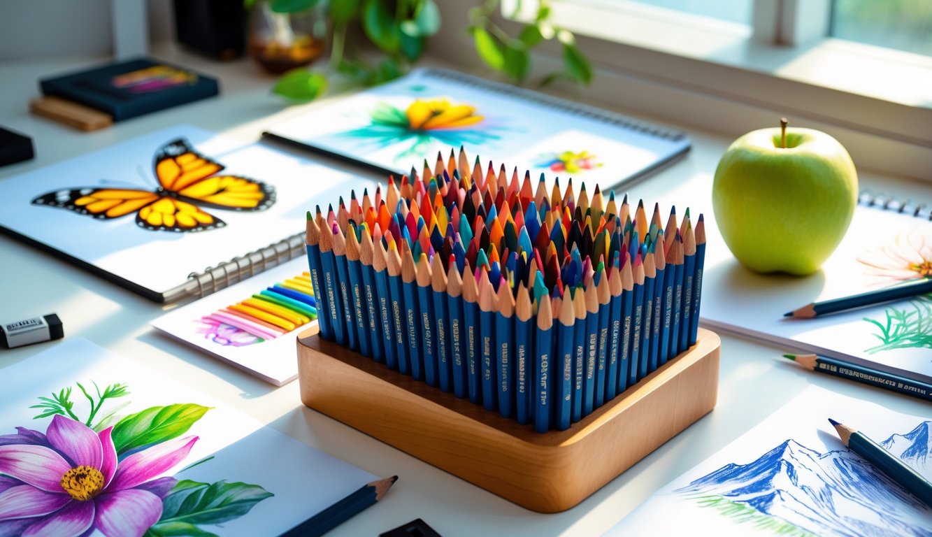 A desk with colored pencils, detailed colored pencil drawings of a butterfly, apple, flower, and mountain landscape, and art supplies arranged neatly.